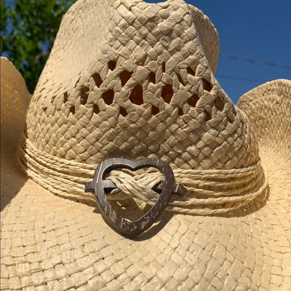 Natural Straw Cowgirl Hat with Rustic Heart Accent - Picture 2 of 13
